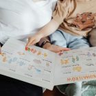 A mother and her son enjoy reading a children's book together while sitting on a cozy couch.